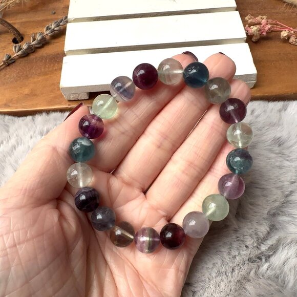 10mm Rainbow Fluorite Stretch Bracelet - Picture 7 of 7